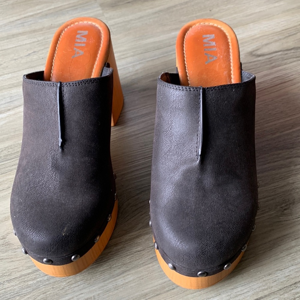 MIA Brown Leather Clog Mules with Orange Insole and Wood Heel
